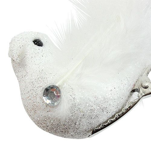Article Oiseau de décoration sur pince avec paillettes, blanc 14 cm 2 p.