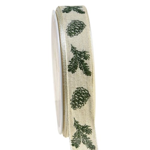 Floristik24 Ruban décoratif avec bordure en fil cônes vert crème L25mm L18m
