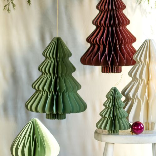 Article Sapin de Noël décoratif en papier à suspendre, couleur menthe argentée, H40 cm, lot de 2