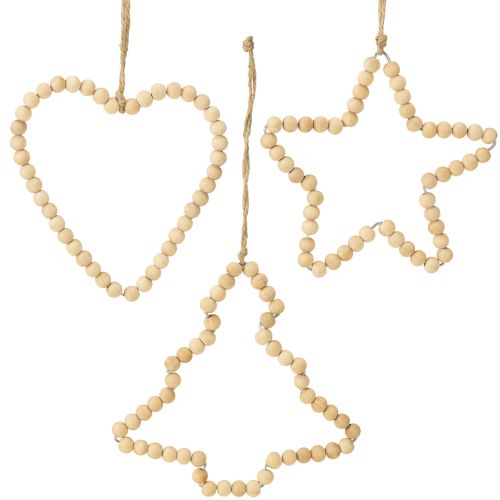 Floristik24 Décorations de Noël : perles en bois, cœur, étoile, sapin, 13 cm de haut, lot de 6