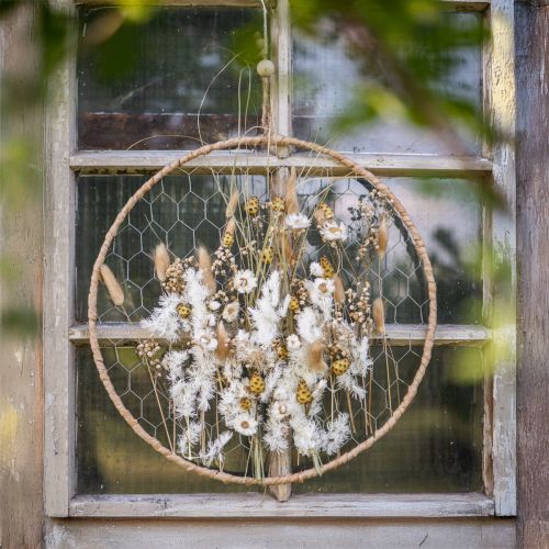 Article Anneau décoratif en métal à suspendre, décoration en raphia argenté naturel Ø38cm 4 pcs