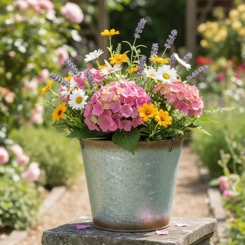 Article Pot décoratif avec anses, seau de plantation, récipient en métal, argenté, acier patiné, Ø 17 cm H 16,5 cm