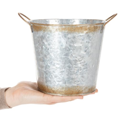 Article Pot décoratif avec anses, seau de plantation, récipient en métal, argenté, acier patiné, Ø 17 cm H 16,5 cm