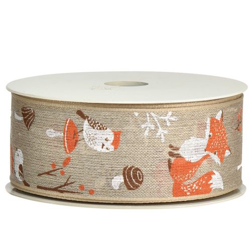 Article Ruban cadeau automne avec renard et champignons lin gris 40mm 15m
