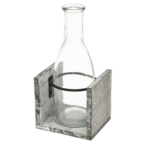 Article Vase en verre sur support en bois gris, 9,5x8x20cm - Décoration rustique avec 4 bouteilles
