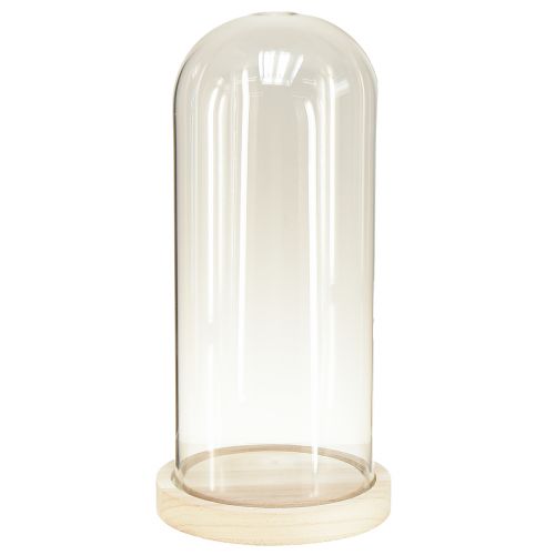 Linteau en verre cloche en verre avec socle bois clair Ø14cm H28,5cm