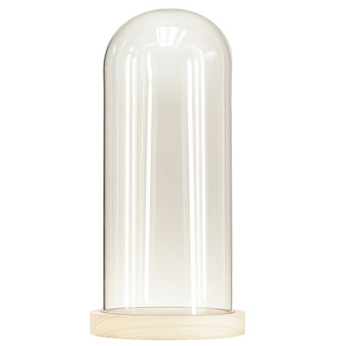 Article Linteau en verre cloche en verre avec socle bois clair Ø14cm H28,5cm