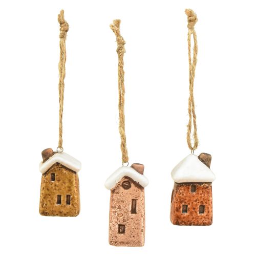 Article Cottages suspendus en céramique – Diverses nuances de marron, toits enneigés – Charmante décoration de Noël – Lot de 6