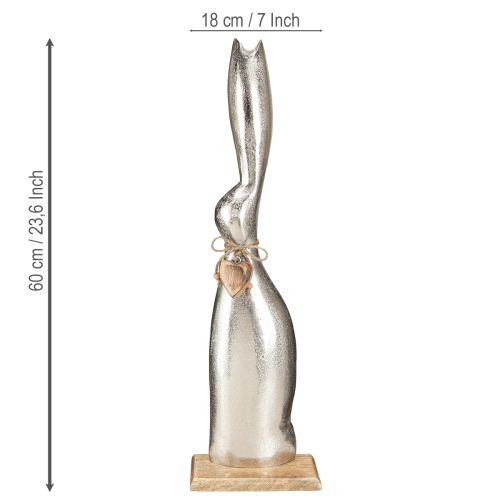 Article Lapin décoratif argenté sur socle en bois – Elégante figurine de Pâques avec pendentif coeur H60cm