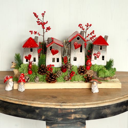Floristik24 Maisons romantiques en céramique avec motif cœur - tons rouges et naturels, 11 cm - décoration d&#39;hiver conçue avec amour - 3 pcs