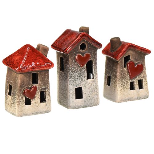 Floristik24 Maisons romantiques en céramique avec motif cœur - tons rouges et naturels, 11 cm - décoration d&#39;hiver conçue avec amour - 3 pcs