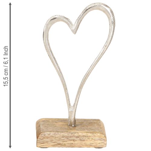 Article Décoration Coeur Métal Base Bois Naturel Argent H15.5cm 3 Pcs