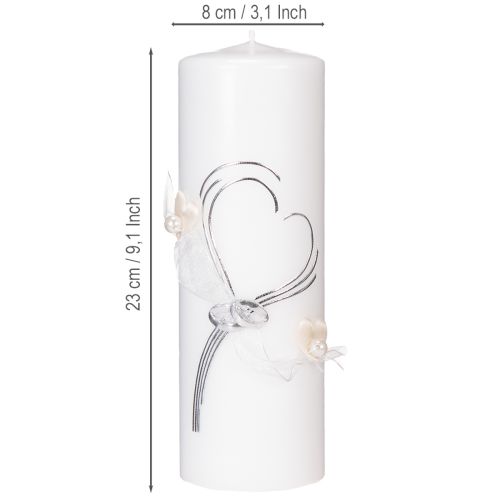 Article Bougie de mariage festive ornée d'un élégant motif en forme de cœur, de décorations argentées et d'un ruban d'organza – idéale pour les mariages et les noces d'argent, 240 x 80 mm