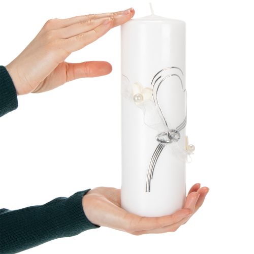 Article Bougie de mariage festive ornée d'un élégant motif en forme de cœur, de décorations argentées et d'un ruban d'organza – idéale pour les mariages et les noces d'argent, 240 x 80 mm