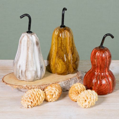 Article Poire en bois, décoration automnale rouge, jaune et blanche, 12 x 6 cm, 3 pièces