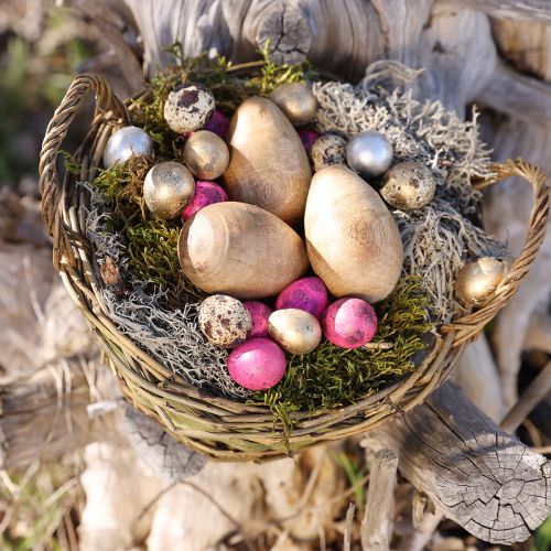 Floristik24 Oeufs en bois de manguier en filet de jute décoration de Pâques naturel 7-8cm 6 pcs