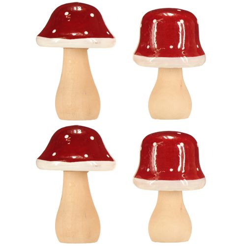 Article Champignons en bois, champignons vénéneux, décoration, bois, FSC, rouge-brun, H6,5/7 cm, 4 pièces