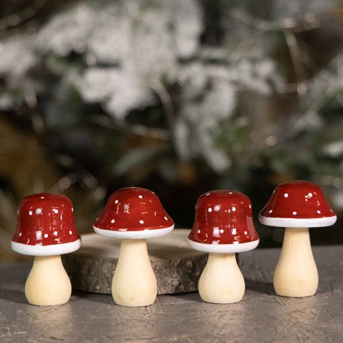 Article Champignons en bois, champignons vénéneux, décoration, bois, FSC, rouge-brun, H6,5/7 cm, 4 pièces