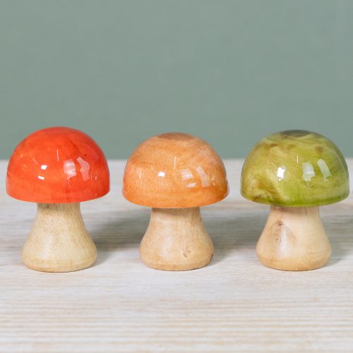 Article Champignons en bois décoratifs d'automne, verts, rouges et oranges, hauteur 6,5 cm, lot de 9.