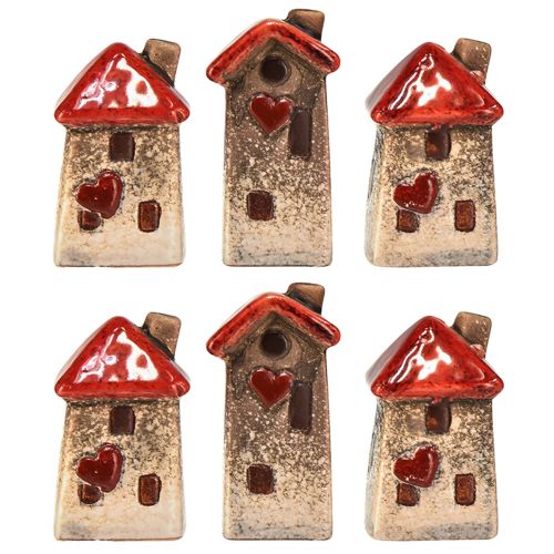 Article Maison en céramique avec fenêtre de toit rouge et cœur - 6 cm - Décoration idyllique pour la maison et le jardin - 6 pcs