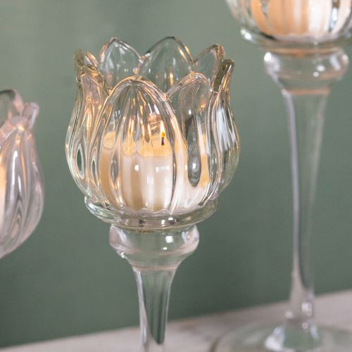 Article Bougeoir en verre en forme de fleur, idéal pour une décoration de table élégante, pour événements et mariages, 22 cm