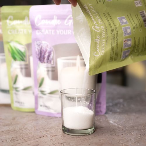 Article Granulés de cire pour bougie avec mèche parfumée à la lavande 400g