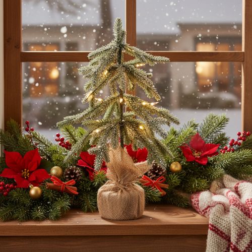 Plante artificielle enneigée, sapin de Noël LED en sac de jute, fonctionne sur piles, pour usage intérieur, 50 cm | Floristik24.be