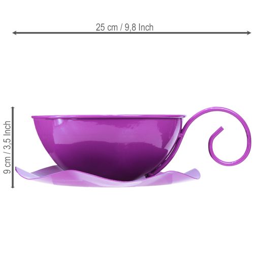 Tasse décorative en métal Ø16 cm H9 cm avec soucoupe violette (lot de 2) | Floristik24.be