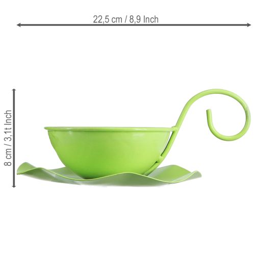 Tasse décorative en métal avec soucoupe, vert clair, H 8 cm Ø 11,5 cm, lot de 2 | Floristik24.be
