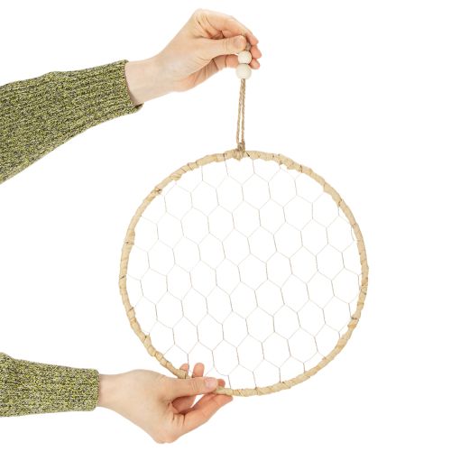 Article Anneau décoratif bohème en métal argenté, Ø 28 cm avec raphia naturel, lot de 4 - décoration à suspendre ou à accrocher au mur