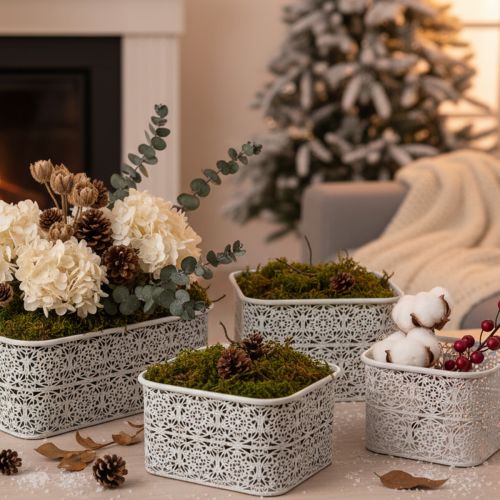 Article Bols en métal à motif dentelle, récipient décoratif, carré, style shabby chic, blanc, 27 x 23 x 19 cm, hauteur 13,5 cm, lot de 3