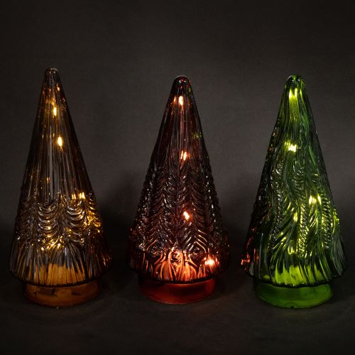Article Mini sapin de Noël en verre LED rouge vert marron 18 cm 3 pièces