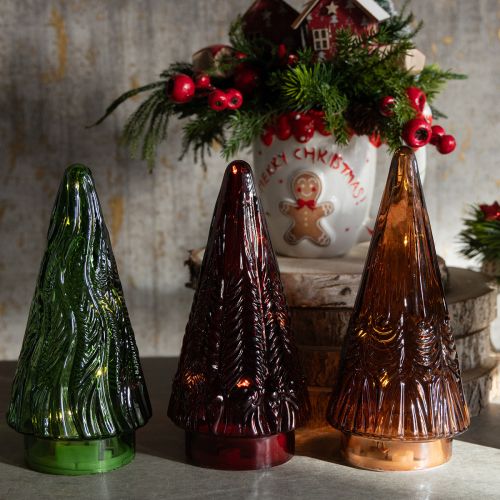 Floristik24 Mini sapin de Noël en verre avec LED rouge, vert et marron, 18 cm, lot de 3