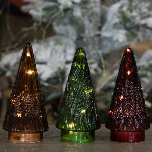 Article Mini sapin de Noël en verre avec LED rouge, vert et marron, 18 cm, lot de 3