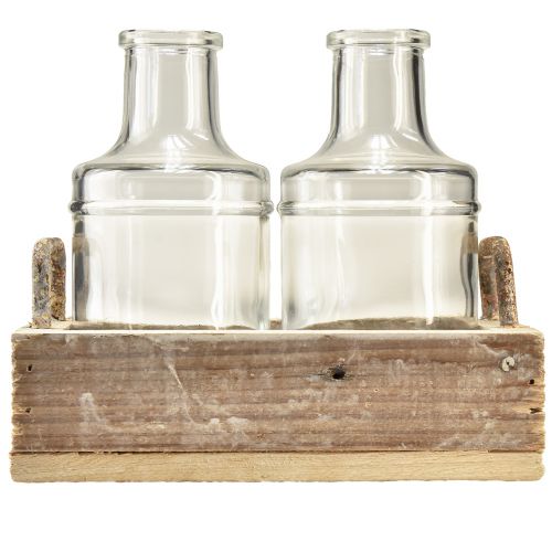 Article Mini vases verre plateau décoratif bois vintage 16x10x14cm ensemble