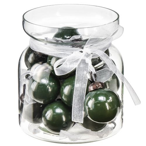 Article Mini boules de Noël boules de verre vertes Ø3cm 18 pièces dans un verre