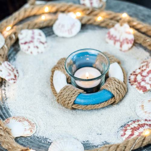 Floristik24 Lanterne décoration nautique en verre avec bouée de sauvetage bleu, blanc Ø12cm