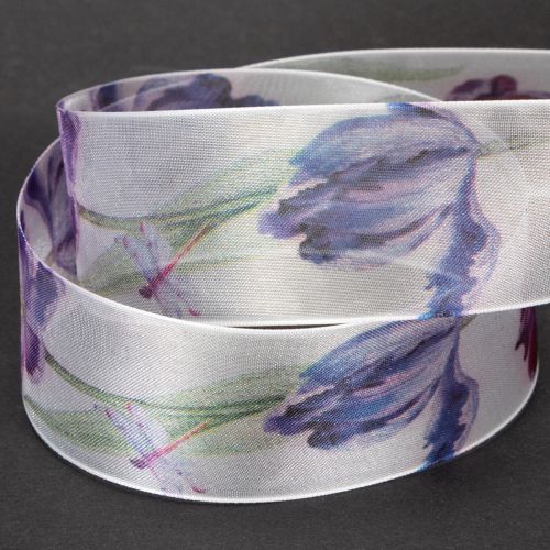 Article Ruban d'organza, ruban de mousseline, tulipes perroquet, violet, 40 mm, 18 m