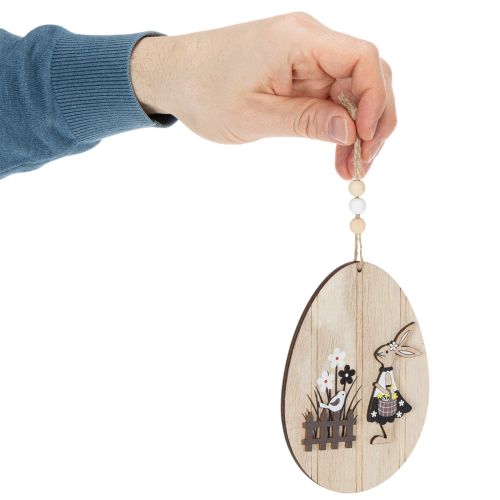 Article Œufs de Pâques à suspendre, œuf en bois avec lapin, blanc naturel, 13 cm, lot de 6