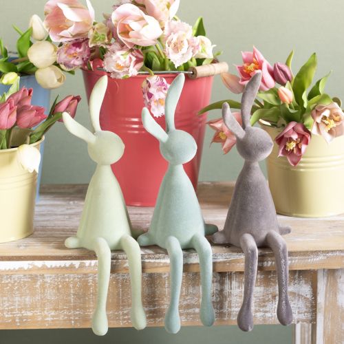 Décoration de Pâques Lapin assis floqué – 2e choix – Vert marron 36 cm 3 pièces