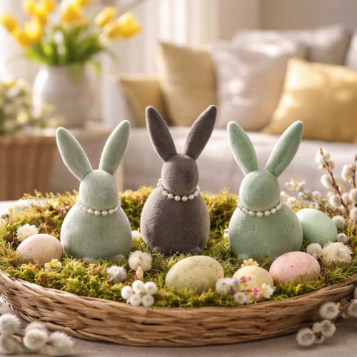 Article Décoration lapin de Pâques avec collier de perles, lapin pour salon et table de Pâques, 13 cm, lot de 3