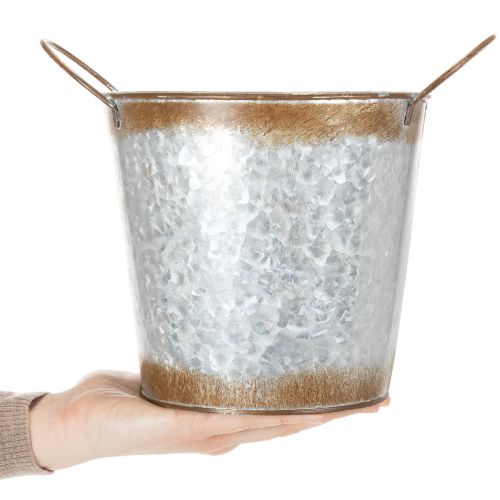 Article Jardinière en métal, coupe à fleurs, pot de fleurs avec poignées argentées, finition acier patiné, Ø18cm H20cm