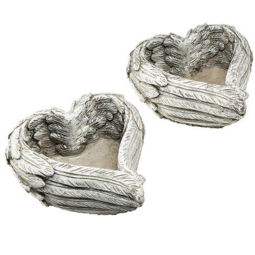 Floristik24 Plumes de coeur végétal coeur en pierre moulée gris blanc 13×12×6cm 2pcs