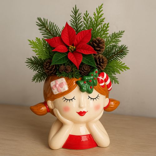 Article Tête de plante en céramique fille jardinière décorative Noël H17cm