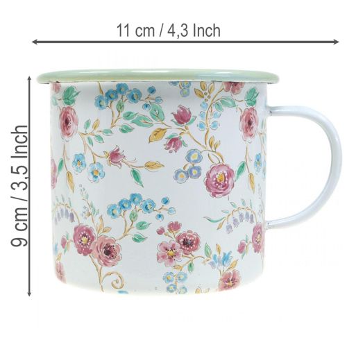 Article Pot décoratif en émail blanc avec anse, motif roses, Ø 9,5 cm