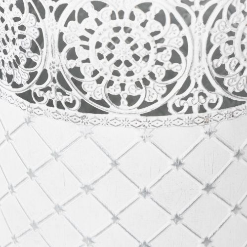 Article Pot de fleurs à motif dentelle, récipient en métal, seau décoratif, blanc, argenté, style shabby chic, H 28/25,5/23,5 cm, Ø 29,5/25,5/20 cm, lot de 3