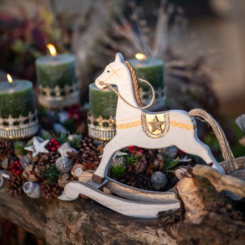 Article Cheval à bascule bois, décoration de Noël blanc doré H24cm