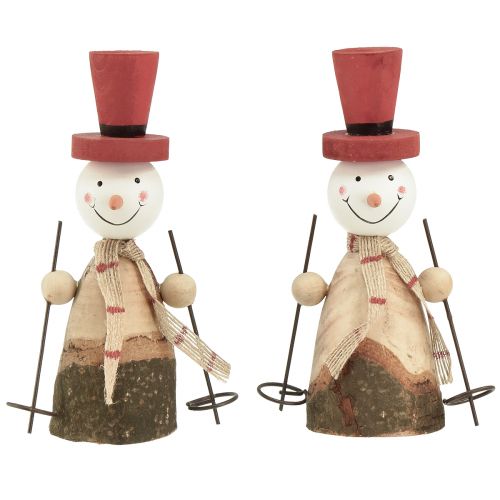 Article Adorable lot de 2 bonhommes de neige en bois avec chapeaux rouges – Décoration de table d&#39;hiver – Naturel et rouge, 15,5 cm 2 pièces