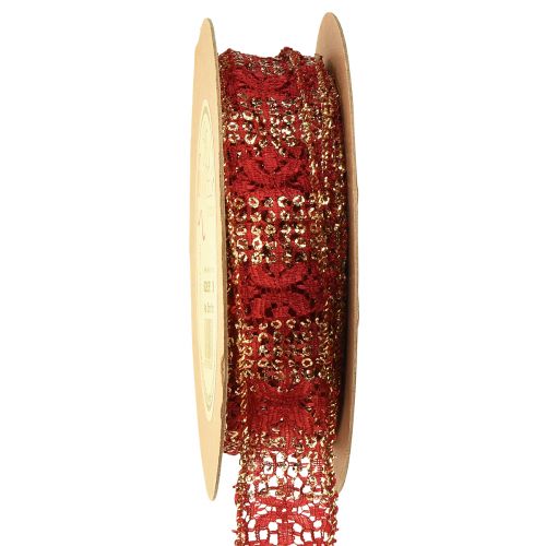 Floristik24 Ruban dentelle à paillettes tissu ruban décoratif or rouge 25mm 15m