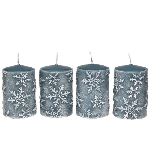 Floristik24 Bougies piliers bougies bleues flocons de neige 100/65mm 4 pcs